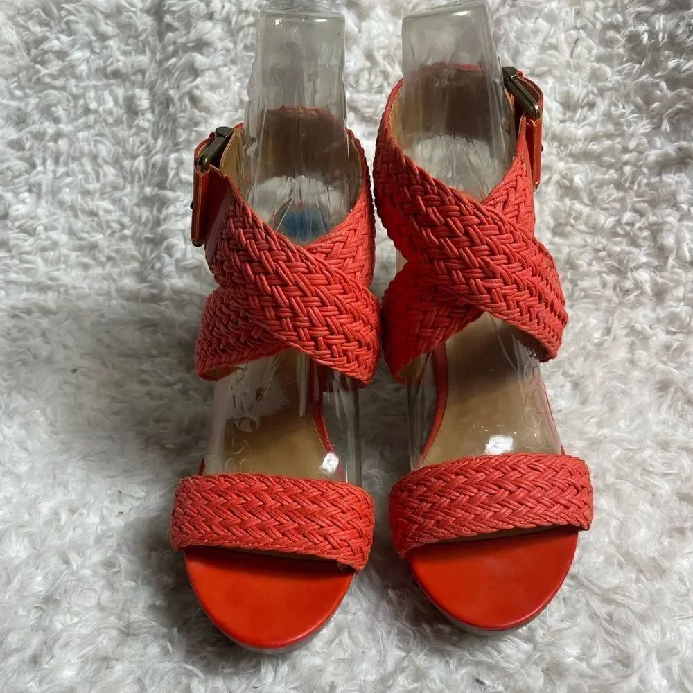 Nine West Marlon Orange synthetic leather  Woven platform wedge Sandals  SZ11
